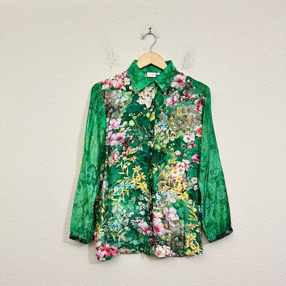 CIENNA Floral Shirt Green Button Up Roll Tab Sleeve Satin Silk Boho